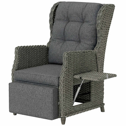 Rattan Recliner Chair with Footrest and Folding Side Table, Dark Grey