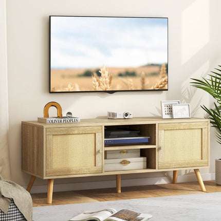 Rotango televizoriaus spintelė su 2 durelėmis ir atvirais skyriais televizoriams iki 55 colių (120 x 40 x 48,5 cm)