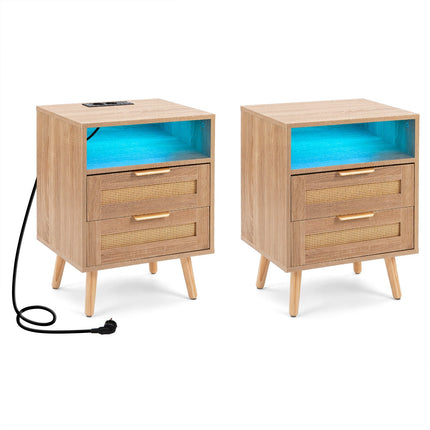Rotango medžio naktinis staliukas su LED, 2 stalčiais, USB jungtimis