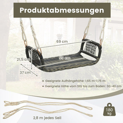 Pakabinama rotango kėdė su 2 kanapių virvėmis. Atspari oro sąlygoms. Gali išlaikyti iki 180 kg svorį. Sūpynės.