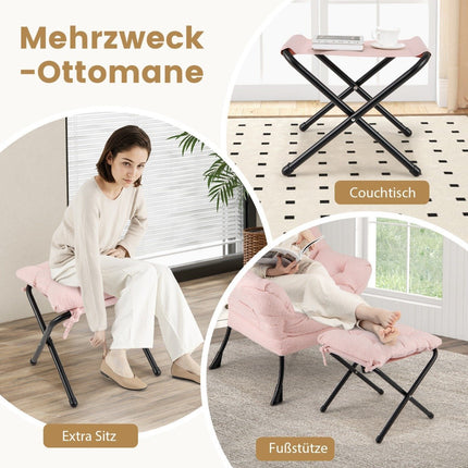 Atlošiamas krėslas su porankiais, šoninėmis kišenėmis, pufas - rožinė