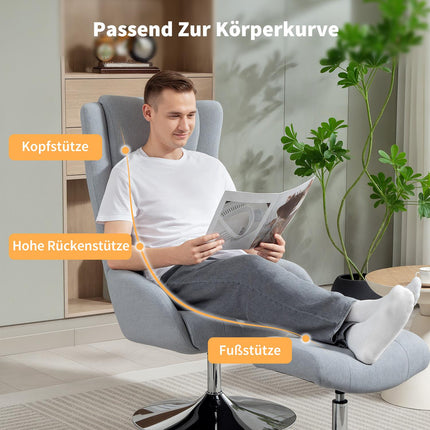 Atlošiamas krėslas su pufu, porankiais, pilkas