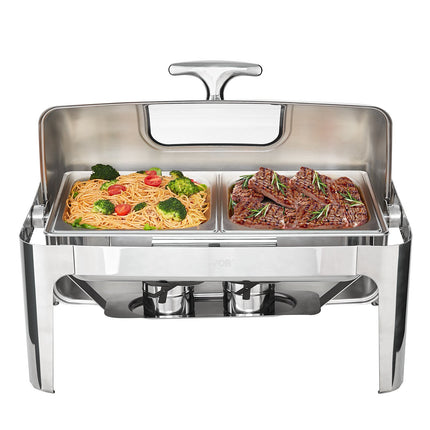 Rectangle Roll Top Chafing Dish, 9 Qt, Glass Lid, Fuel Holder