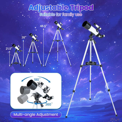 Refractor Telescope 70 mm with 2 Eyepieces and 3X Lens, Adjustable Tripod, White
