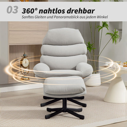Poilsio krėslas su pufu, šenilinis audinys, kreminės spalvos, 360° pasukamas