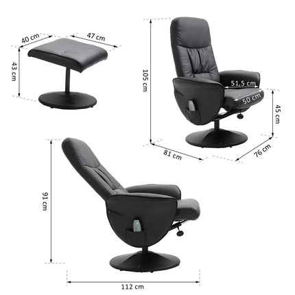 Atsipalaidavimo krėslas, TV krėslas, masažinis krėslas su taburete, daiktadėžė su 10 vibracijos taškų, dirbtinė oda, juodas, 76 x 81 x 105 cm