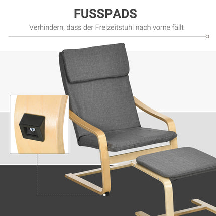 Relaxation chair in gray linen with armrests and footstool