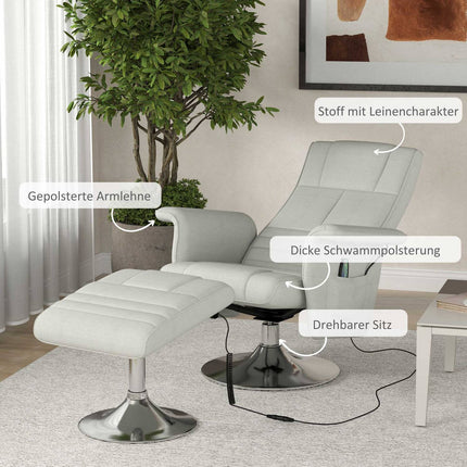 Cream-white reclining massage chair with footstool, 8-point vibration