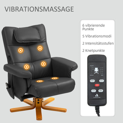 Reclining massage chair with footrest and storage, black leather