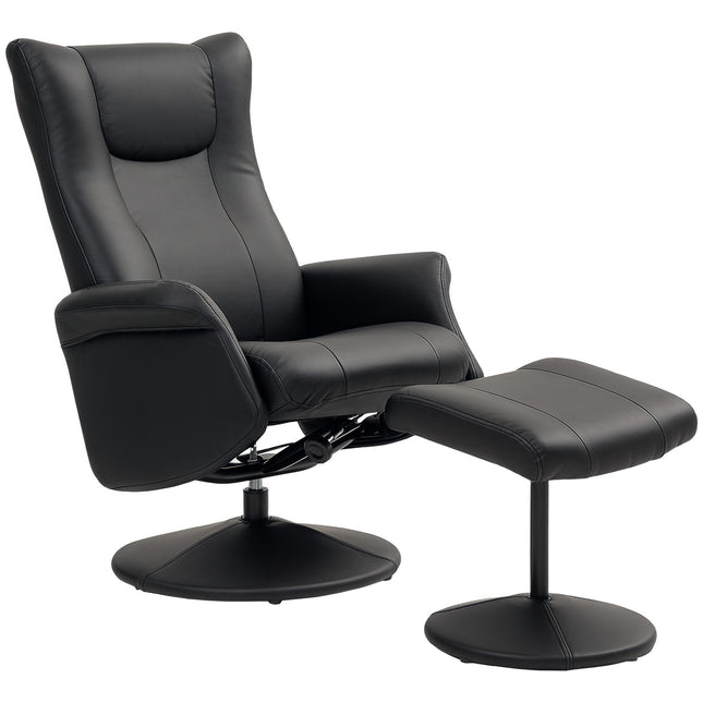 Lounger with stool & adjustable backrest, black artificial leather