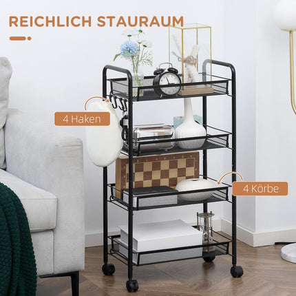 Detachable 4-story kitchen trolley in steel with hooks and brakes