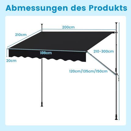 Ištraukiama balkono markizė, 200 cm, be gręžimo, atspari UV spinduliams