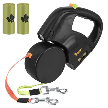 Retractable Double Dog Leash 2 x 3 m with LED Flashlight, USB-C, Bag Dispenser
