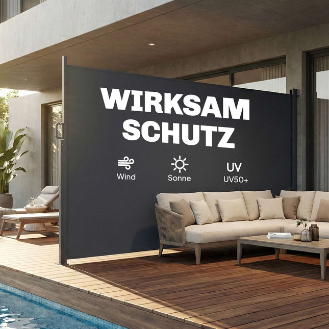 Ištraukiama lauko užtvara, atspari vandeniui, UV 50+, 420x185 cm, tamsiai pilka
