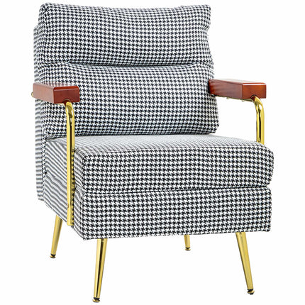 Retro stiliaus akcentinė kėdė, „Houndstooth“ raštas, mediena ir aukso elementai