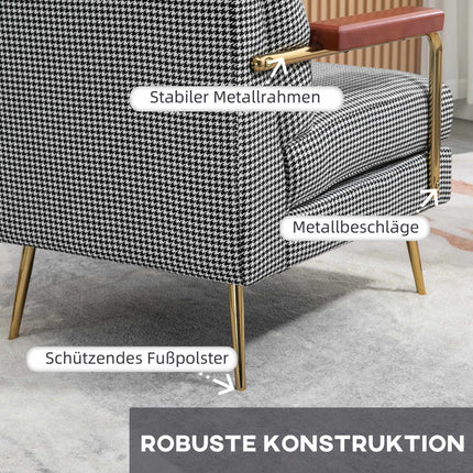 Retro stiliaus akcentinė kėdė, „Houndstooth“ raštas, mediena ir aukso elementai