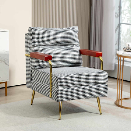 Retro stiliaus akcentinė kėdė, „Houndstooth“ raštas, mediena ir aukso elementai