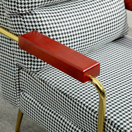 Retro stiliaus akcentinė kėdė, „Houndstooth“ raštas, mediena ir aukso elementai