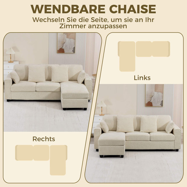 Reversible Chaise 3-Seater Velvet Sofa, Beige, Deep Seats