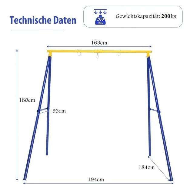 Robust metal swing frame A-frame garden swing frame 194 x 184 x 180 cm blue + yellow