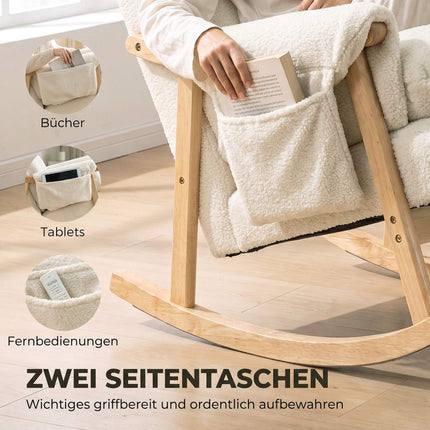 Rocking Chair with 2 Side Pockets and Rubberwood Legs, Cream White, Snow Flannel