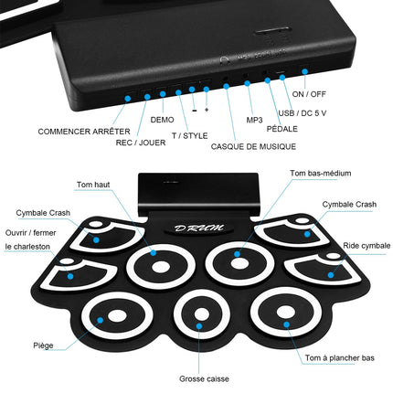 Susukamas elektroninis būgnų padas, USB MIDI, „Bluetooth“, ausinių lizdas