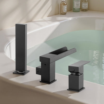 Roman Tub Faucet, 3-Hole Waterfall, Hand Shower, Matte Black