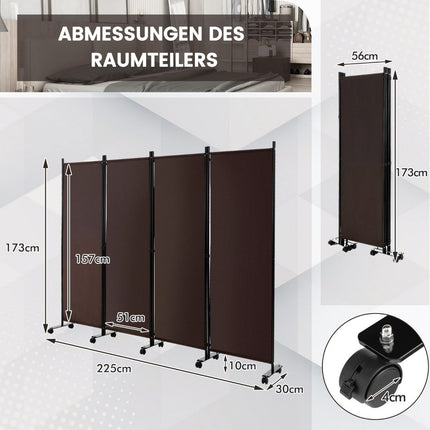 Kambario pertvara su 4 panelėmis ant ratukų, 173 cm aukščio, susukama privatumo apsauga, ruda