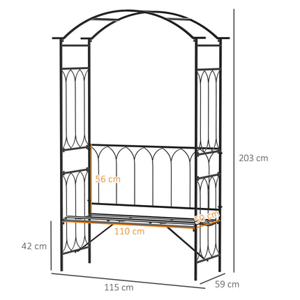 Rožių Arka Su Suoliuku, Rožių Suoliukas, Pavėsinės Suoliukas, Filosofo Suoliukas, Grotelės, Sodo Suoliukas, Metalinis, Juodas, 115 X 50 X 203 Cm