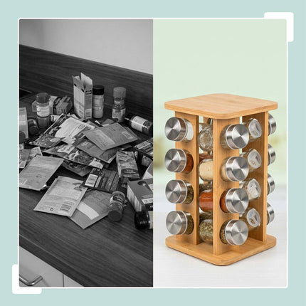 Rotating Bamboo Spice Carousel with 16 Glass Shaker Jars, Silver