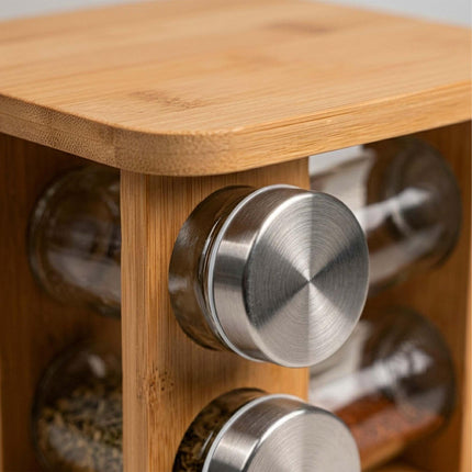 Rotating Bamboo Spice Carousel with 20 Glass Shaker Jars, Silver