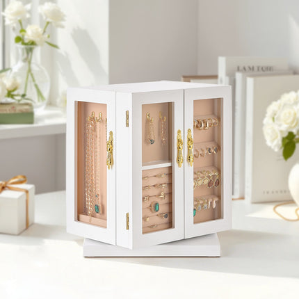 Rotating Jewelry Box Organizer, 5 Drawers, Necklace Hooks