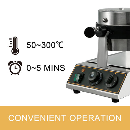 Rotating Round Waffle Maker, Nonstick, Time Temp Control