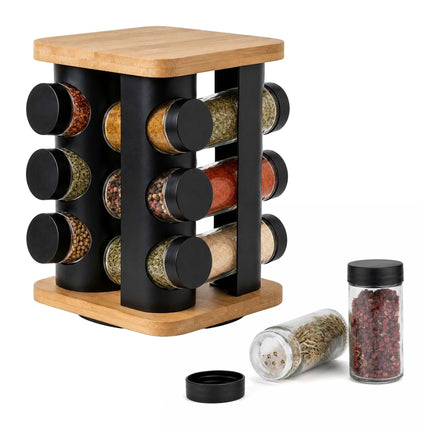 Rotating Spice Carousel with 12 Glass Shaker Jars, Bamboo, Matt Black