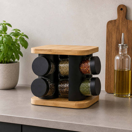 Rotating Spice Carousel with 12 Glass Shaker Jars, Bamboo, Matt Black