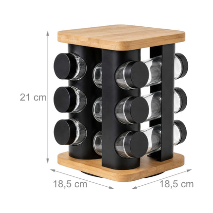 Rotating Spice Carousel with 12 Glass Shaker Jars, Bamboo, Matt Black