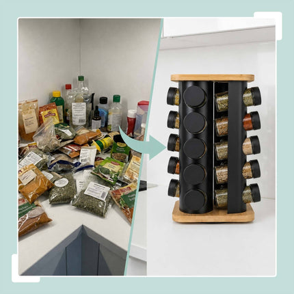 Rotating Spice Carousel with 20 Glass Shaker Jars, Bamboo, Matt Black
