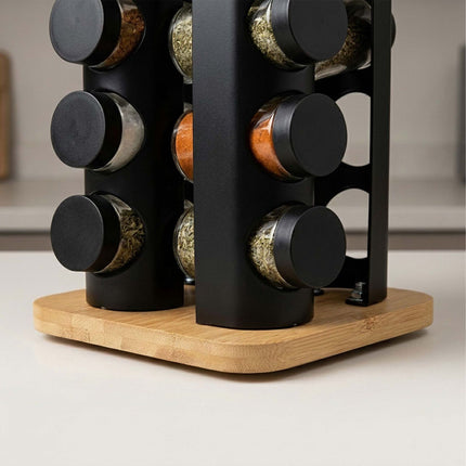 Rotating Spice Carousel with 8 Glass Shaker Jars, Bamboo, Matt Black
