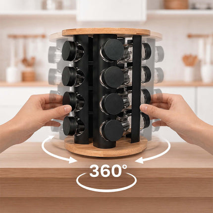 Rotating Spice Rack with 12 Glass Jars and Shaker Inserts, Bamboo, Black