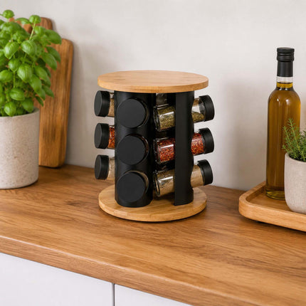 Rotating Spice Rack with 8 Glass Jars and Shaker Inserts, Bamboo, Black
