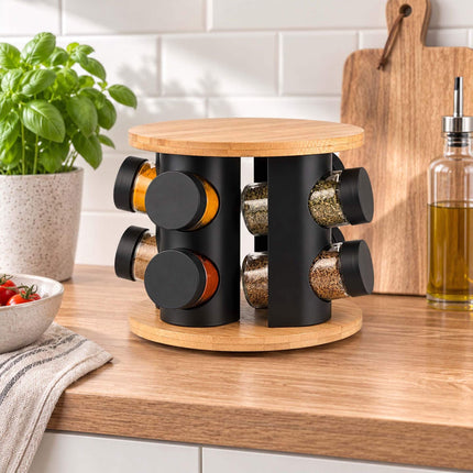 Rotating Spice Rack with 8 Glass Jars and Shaker Inserts, Bamboo, Black