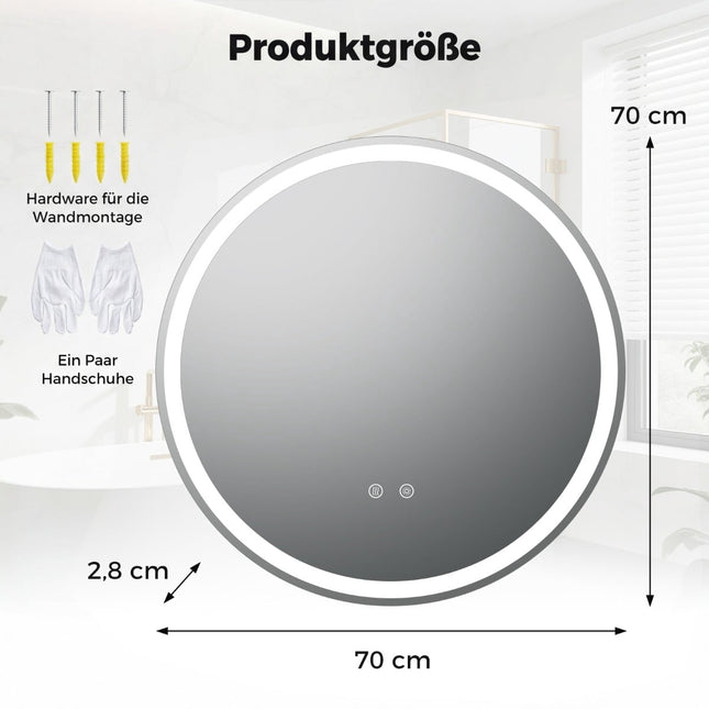 Apvalus LED vonios veidrodis, 70 cm, reguliuojamas ryškumas