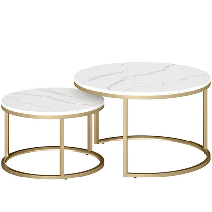 Round Nesting Coffee Tables Set of 2 with Marble-Look Tops, Gold Frame, White
