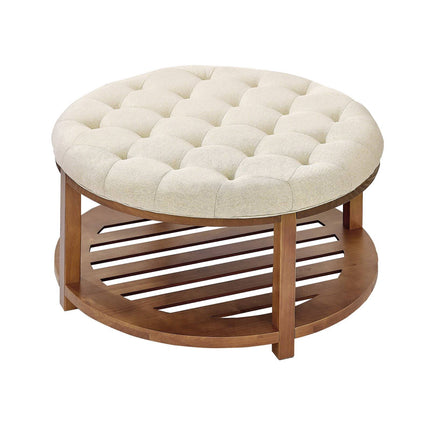Round Ottoman Coffee Table, 81 cm, Tufted Linen, Wood Shelf