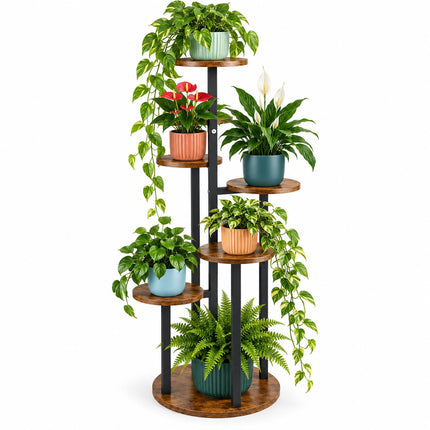 Round Plant Stand with 6 Tiers, Iron and MDF – 116 cm, Dark Brown, Black