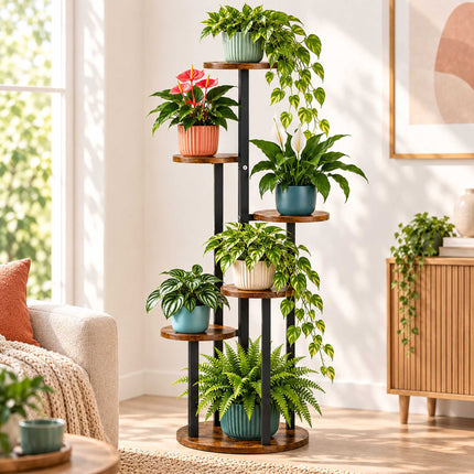 Round Plant Stand with 6 Tiers, Iron and MDF – 116 cm, Dark Brown, Black