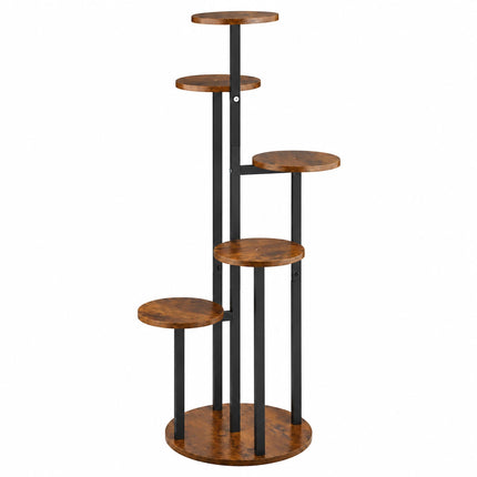 Round Plant Stand with 6 Tiers, Iron and MDF – 116 cm, Dark Brown, Black