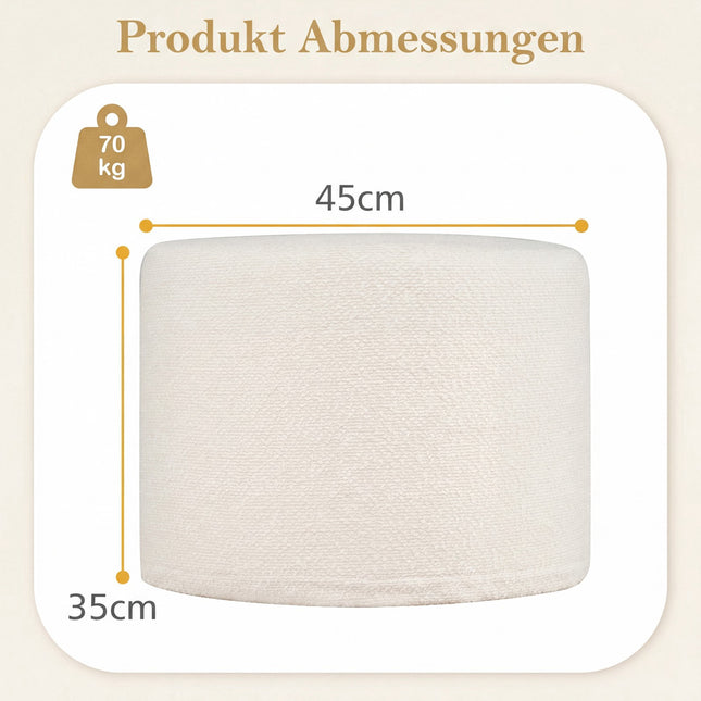 Round Pouf Ottoman, 45x35 cm, Foam-Filled, Beige