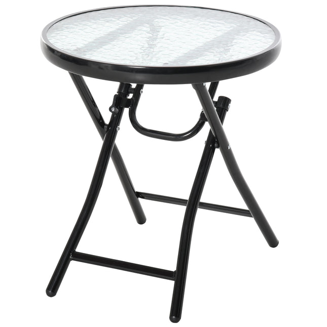 Apvalus šoninis staliukas sodo stalui, sulankstomas, stiklinis stalviršis, metalas, juodas, skersmuo 45 cm