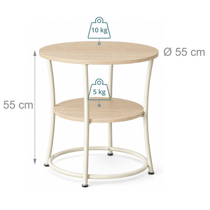 Round Side Table with 2 Shelves and Adjustable Feet, Cream, Light Wood-Effect
